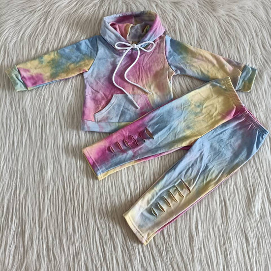 6 A25-27 Purple Yellow Hoodie Long Sleeve Sweater Pants Set