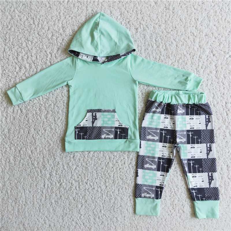 6 C8-4 Boys Green Hooded Long Sleeve Trousers Checker Suit