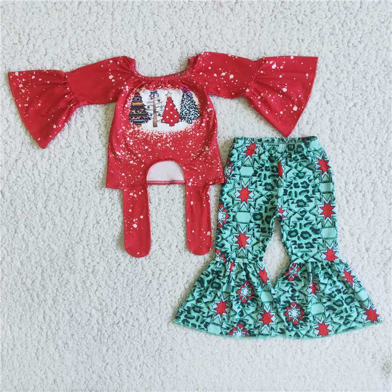 6 B10-4 Christmas Tree Red Flared Sleeve Top Flared Pants Set