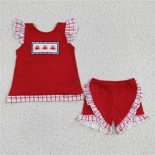 GSSO0142  Girls Embroidered Crab Red Flying Sleeve Shorts Set