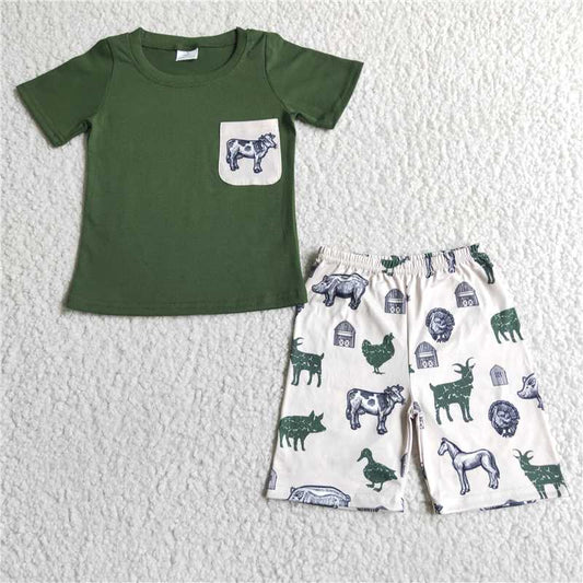 BSSO0046 Boys Green Pocket Cow Short Sleeve Farm Shorts Set