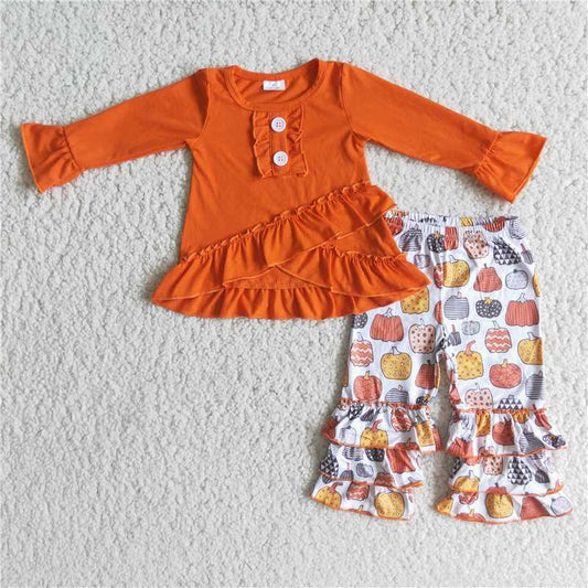6 A13-28 Baby girls Orange Lace Long Sleeve Pumpkin Trousers Suit