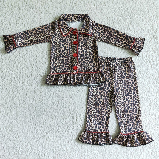 6 B4-23 girl leopard print pajamas red button