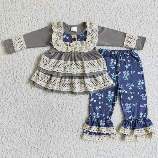 6 A28-2 Double Lace Top and Blue Pants Set