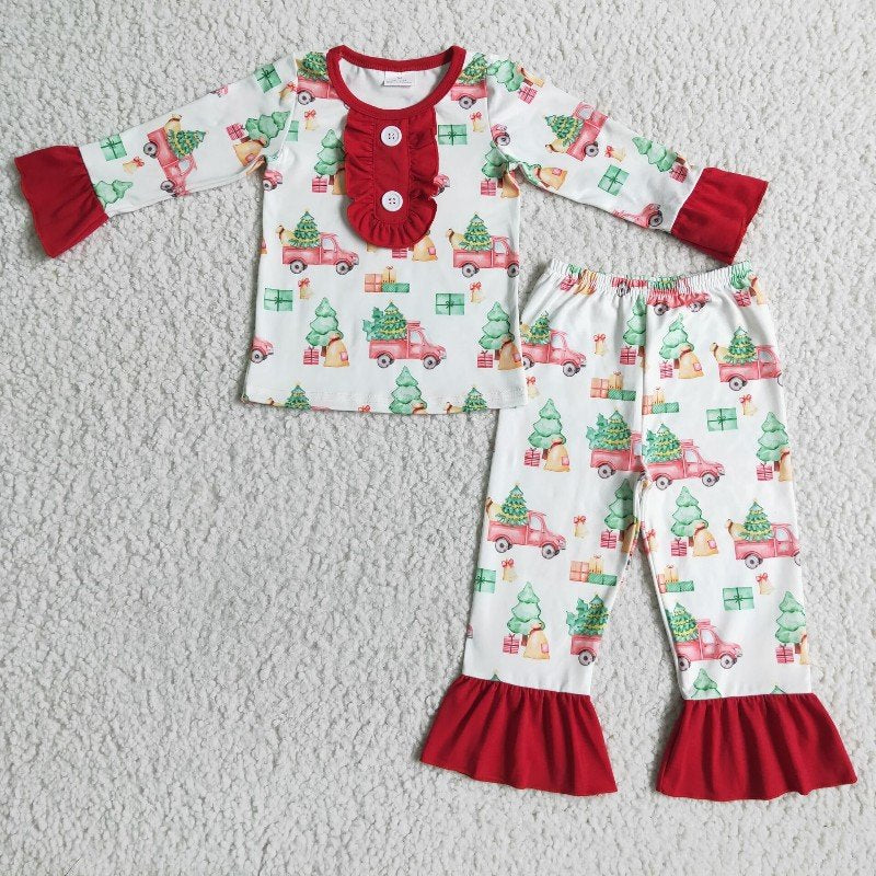 6 B3-38 Girls Christmas Tree Truck Button Lace Cuff Pajama Set