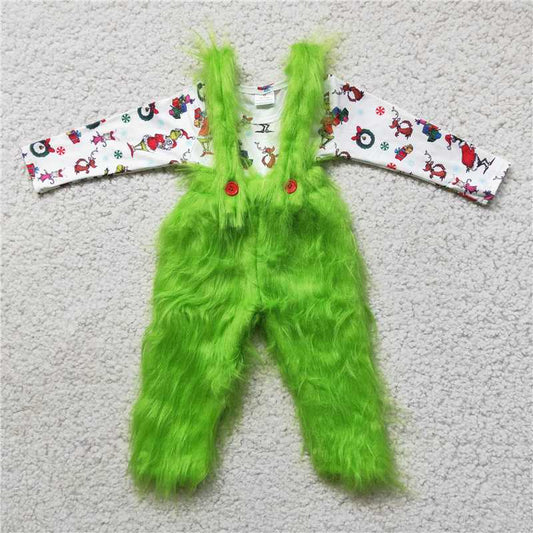 6 B0-4 Long Sleeve Top Green Plush Overalls