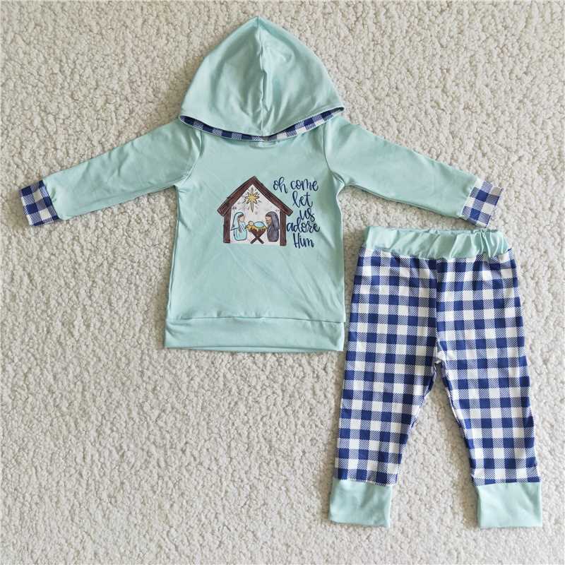 6 C11-18 Boys Light Green Hooded Long Sleeve Check Suit