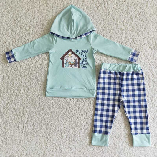 6 C11-18 Boys Light Green Hooded Long Sleeve Check Suit