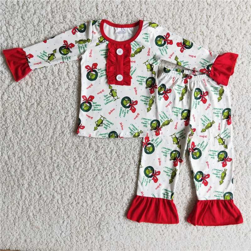 6 A20-3 Button Red Cuff Long Sleeve Pajama Set