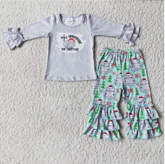 6 C9-39 Baby girls  Christmas Top Hippo Trousers Set