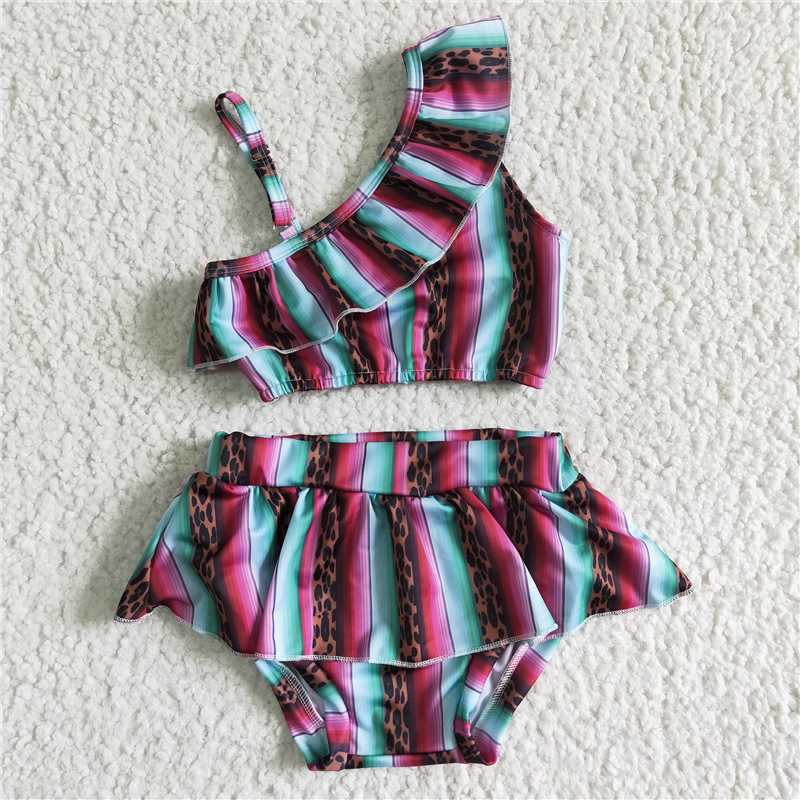 S0022 Girls Leopard Color Striped Suspender Briefs Swimsuit Set