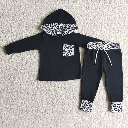 6 B8-22 White Dot Leopard Pocket Black Hoodie Long Sleeve Set