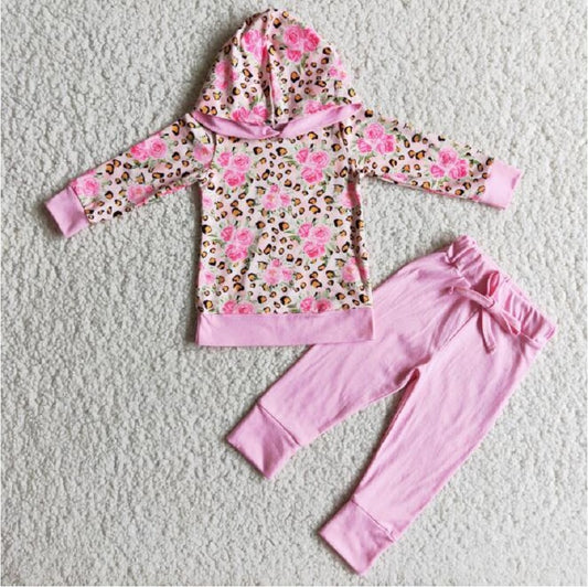 6 C7-22 Pink Print Leopard Print Hoodie Long Sleeve Trousers