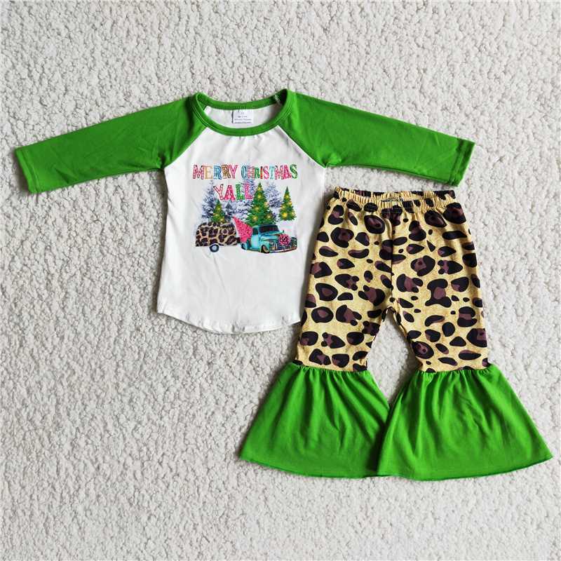 6 A4-5 Green Long Sleeve Top Leopard Print Flared Pants