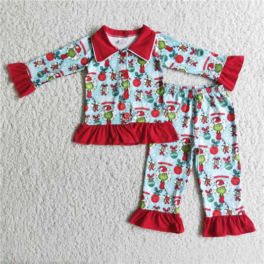 6 B3-24 Girls Red Lace Long Sleeve Pants Pajama Set