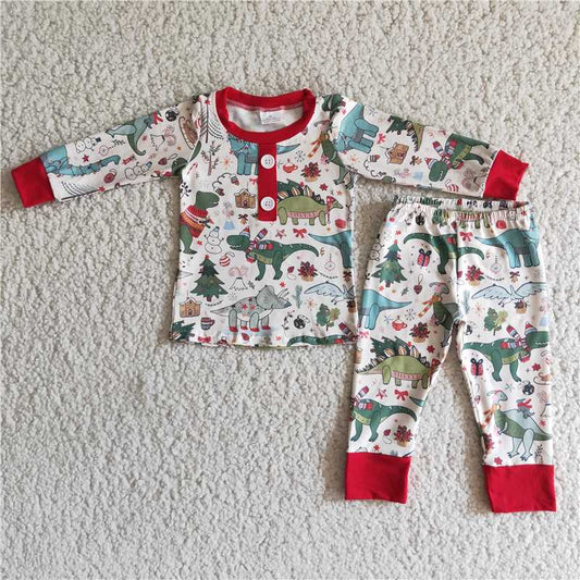 6 A3-27 Boys Button Dinosaur Pajama Set