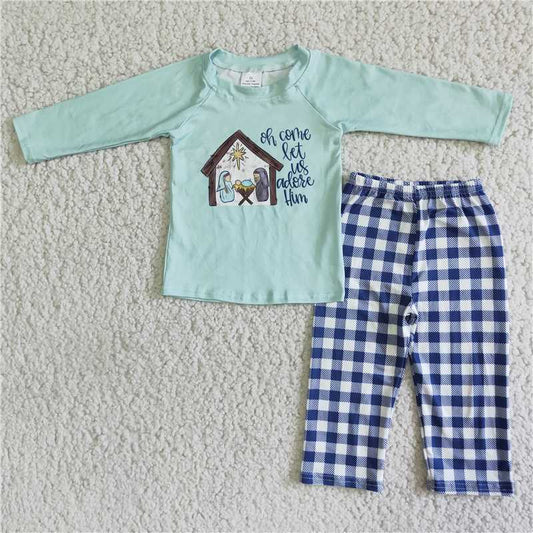 6 A4-1  Boys Light Green Long Sleeve Top Plaid Trousers