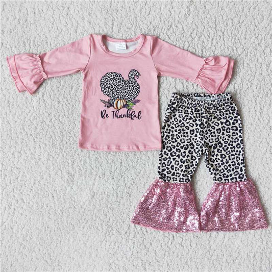 6 B5-1 Baby girls Pumpkin Pink Long Sleeve Leopard Patchwork Pink Sequin Turkey Suit