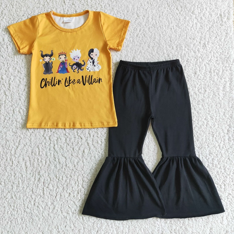 A1-15 Yellow Short Sleeve Black Pants Suit