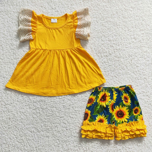 A10-24 Lace Trim Yellow Top Sunflower Shorts Set