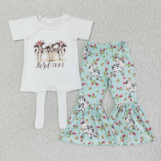 A12-15 Baby Girls Flower Cow Green Flared Pants