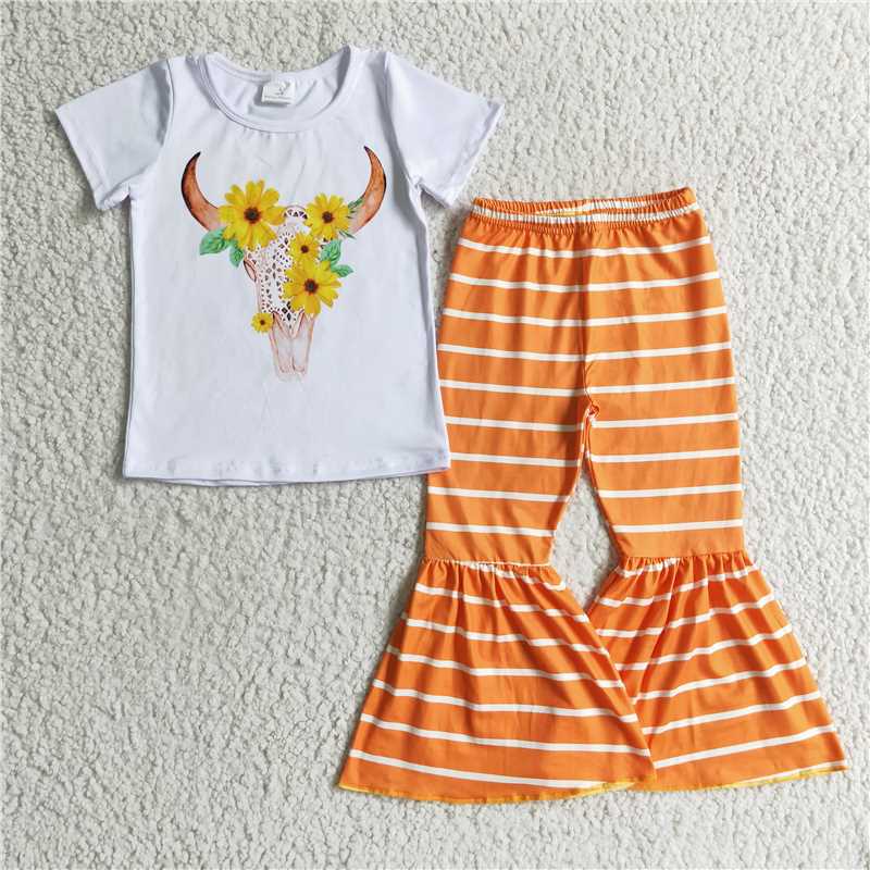 A13-3 Sunflower Bull Head White Short Sleeve Orange Striped Pants Set