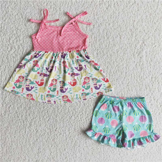 A16-9-2 Cartoon Fish Shell Print Shorts Set with Straps Set