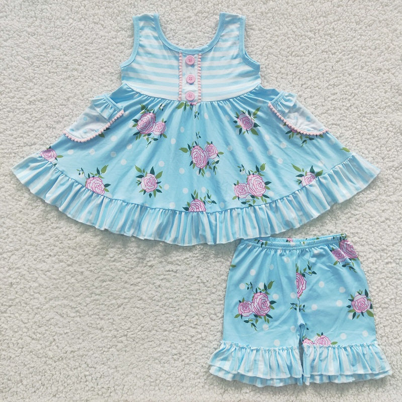 A17-2 Light Blue Sleeveless Pocket Flower Suit