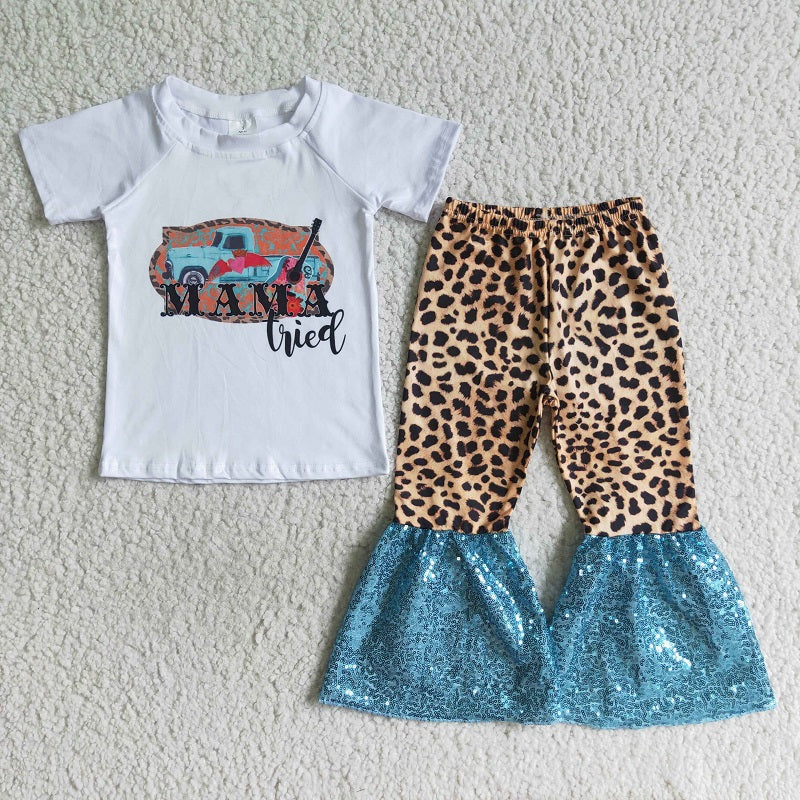 A6-11 Auto White Short Sleeve Leopard Blue Sequin Pants