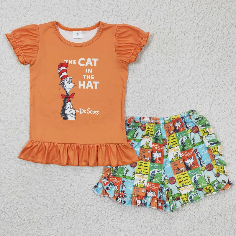 A6-16 Orange Cartoon Short-sleeved Top Printed Shorts Set