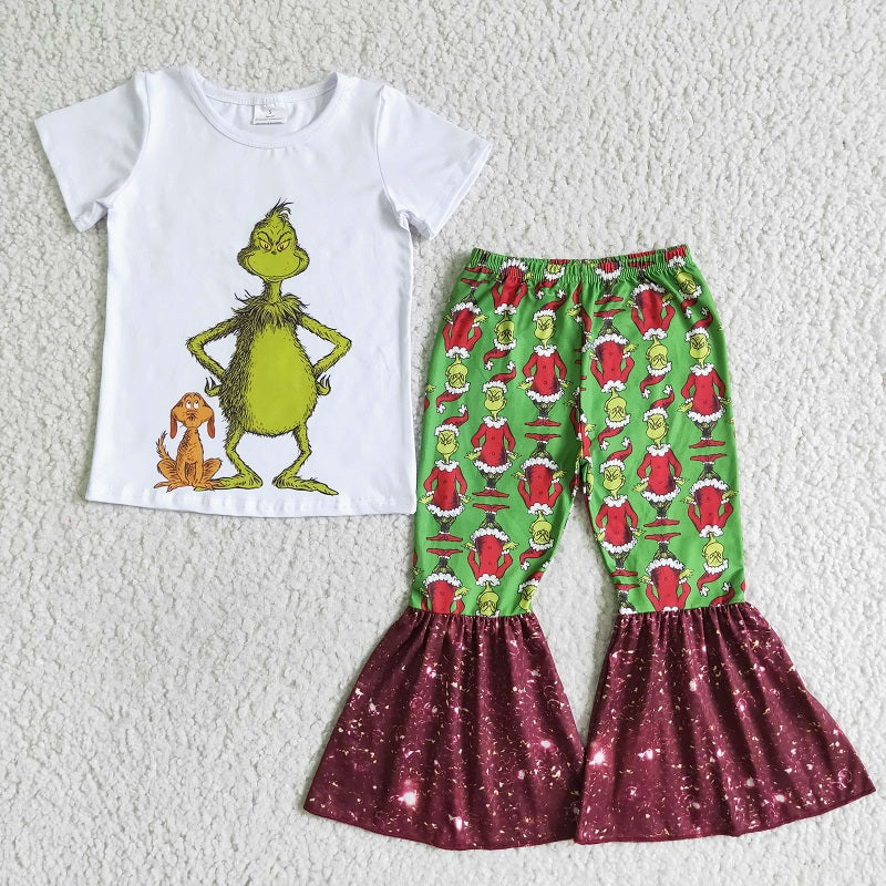 A8-5 Cartoon White Short Sleeve Green Flared Pants Suit