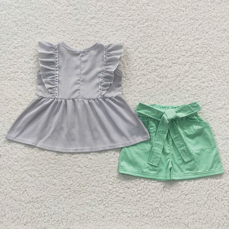 A9-22 Woven Stripe Sleeveless Top Green Belt Shorts Set