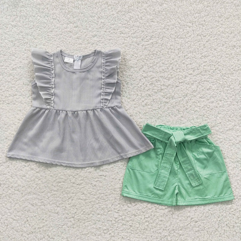 A9-22 Woven Stripe Sleeveless Top Green Belt Shorts Set