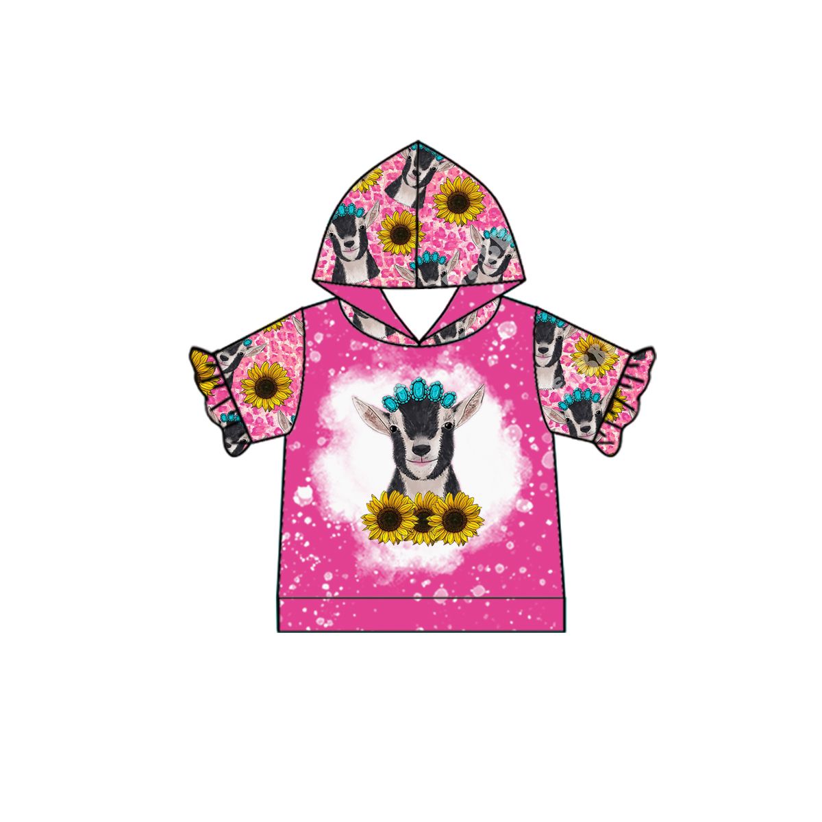 GT0096 Girls Cow Sunflower Gem Rose Hooded Short Sleeve Top