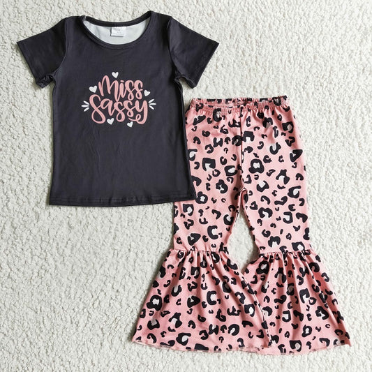 B14-14 miss sassy short sleeve pink leopard flared pants