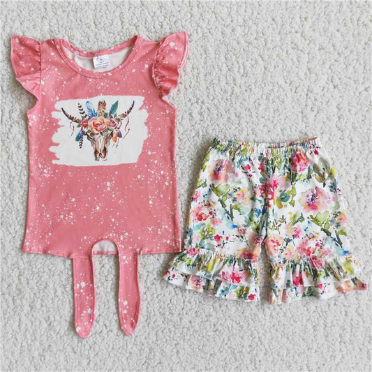 B16-1 Flower Bull Head Pink Flying Sleeve Shorts Set