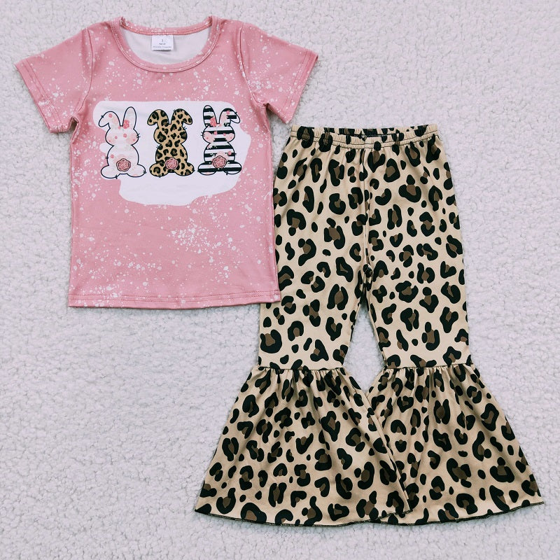 B17-12 Easter Bunny Short Sleeve Leopard Print Flared Pants Set