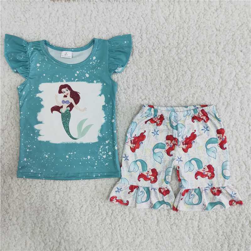 B5-14 Cartoon Fish Green Flying Sleeve Top Shorts Set