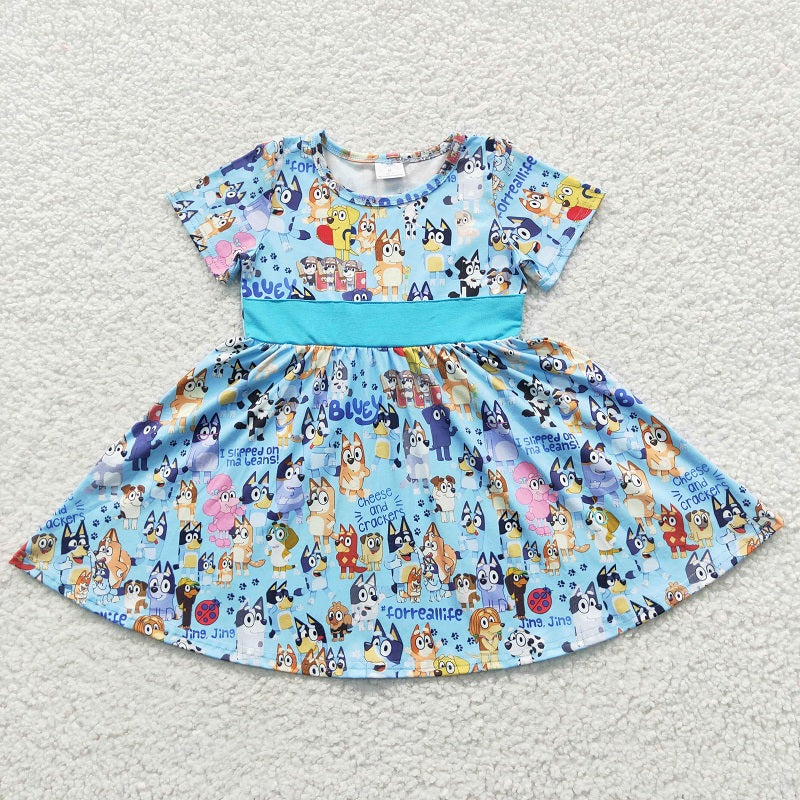 B7-4 Light Blue Cartoon Dog Short Sleeve Dress