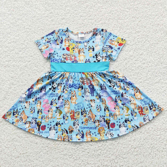 B7-4 Light Blue Cartoon Dog Short Sleeve Dress