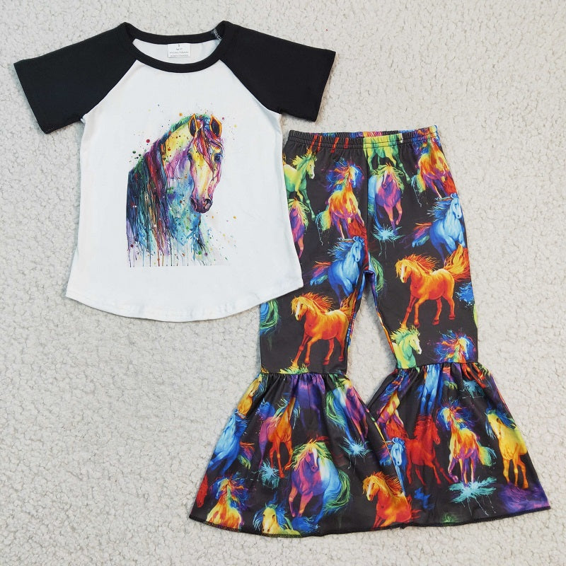 B8-4 Colorful Horse Short Sleeve Flared Pants Set