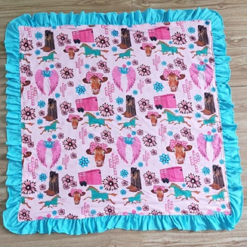 BL0009 Baby Pink Blue Horse Bullock Cactus Lace Blanket