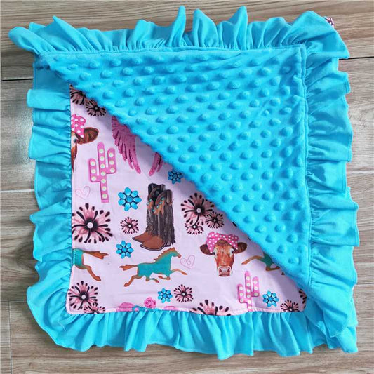 BL0009 Baby Pink Blue Horse Bullock Cactus Lace Blanket