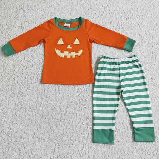 BLP0003 Boys Pumpkin Face Long Sleeve Green Striped Trousers pajamas Set