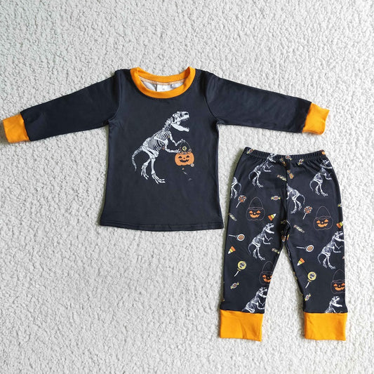BLP0015 Boys Dinosaur Pumpkin Black Long Sleeve Pants Set