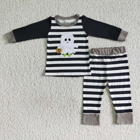 BLP0018 Boys Embroidered Ghost Black and White Striped Long Sleeve Pants Set