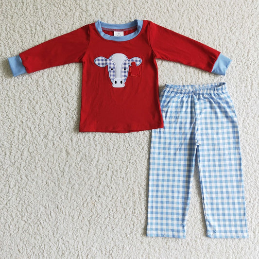 BLP0019 Boys Embroidered Bull Head Red Long Sleeve Plaid Set