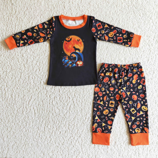 BLP0024 Boys Halloween Pumpkin Moon Long Sleeve Pants Set