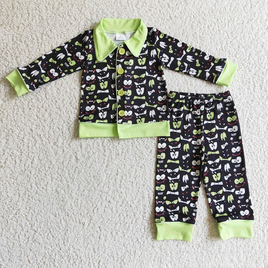 BLP0032 Boys Green Eye Button Long Sleeve Pants Set