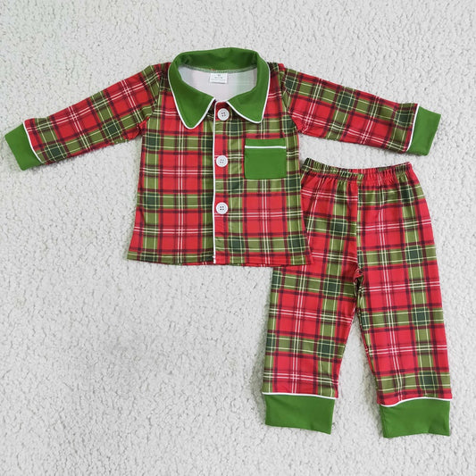 BLP0049 Boys red and green plaid long-sleeved trousers pajama set